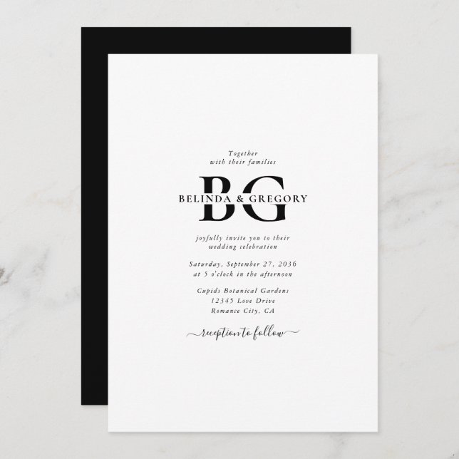 Elegant White and Black Monogram Initialer Bröllop Inbjudningar (Fram/baksida)