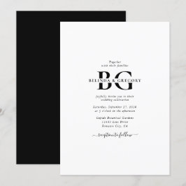 Elegant White and Black Monogram Initialer Bröllop Inbjudningar