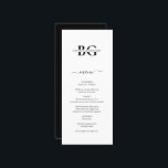 Elegant White and Black Monogram Initialer Bröllop Meny<br><div class="desc">Ett minimalistiskt svart- och vitt monogram initialer bröllop. En enkel design som användor initialer och namn i bruden och brudgummen att skapa ett elegant-klassiskt monogram. En charmerande svart och vit minimalistisk monogrammad design med klassmanustypografi. En elegant svart och vitt i monogram initialer, som kallas bröllop-menykortsdesign med modernt inslag. Det finns...</div>