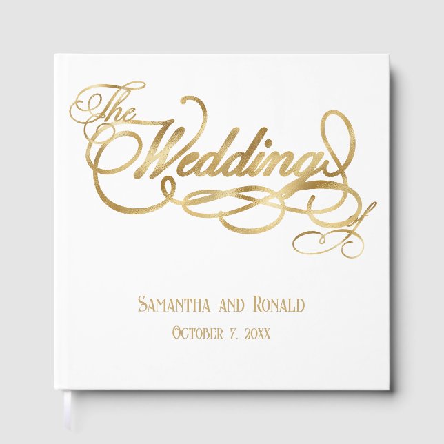 Elegant White and Faux Gold Calligraphy Wedding Gästböcker (Framsida)