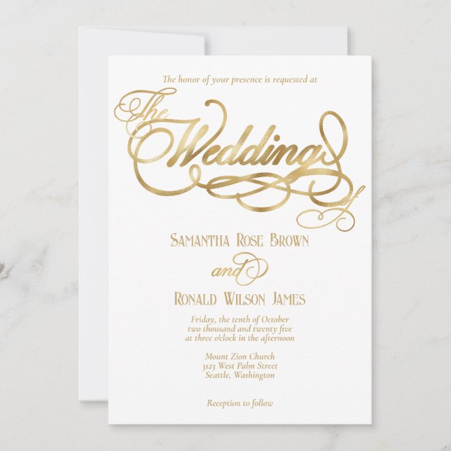 Elegant White and Faux Gold Calligraphy Wedding Inbjudningar (Framsida)