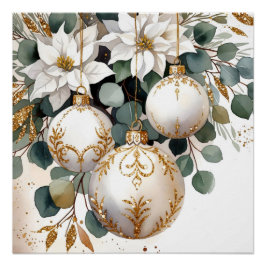 Elegant White and Gold Baubles Watercolor Perfect Poster