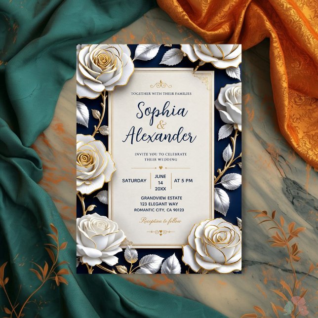 Elegant White and Gold Rose on Navy Blue  Inbjudningar (Skapare uppladdad)