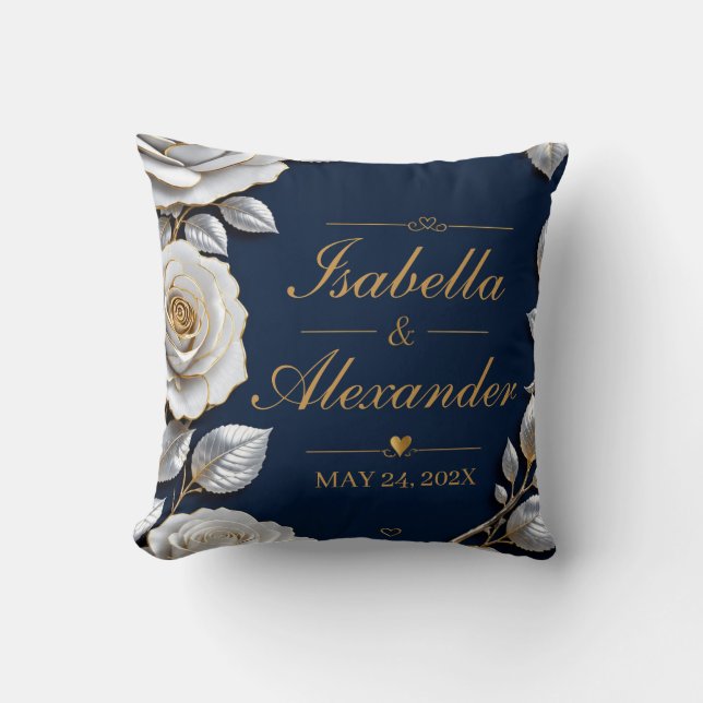 Elegant White and Gold Rose on Navy Blue  Kudde (Framsida)