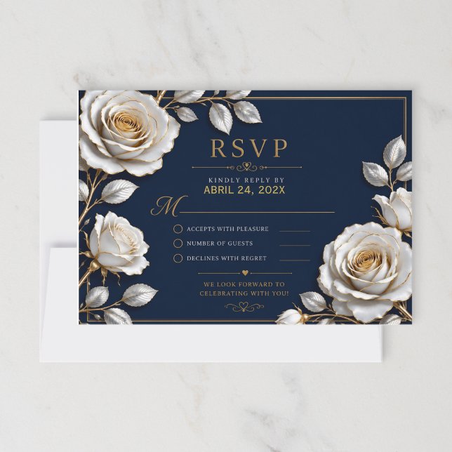 Elegant White and Gold Rose on Navy Blue  OSA Kort (Skapare uppladdad)