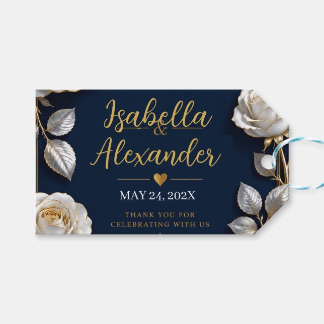 Elegant White and Gold Rose on Navy Blue  Presentetikett (Framsidan (Horisontell))