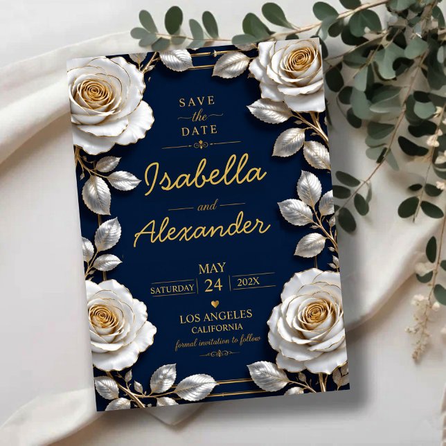 Elegant White and Gold Rose on Navy Blue  Spara Datumet (Skapare uppladdad)