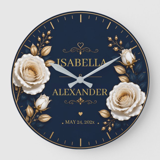 Elegant White and Gold Rose on Navy Blue  Stor Klocka (Framsida)