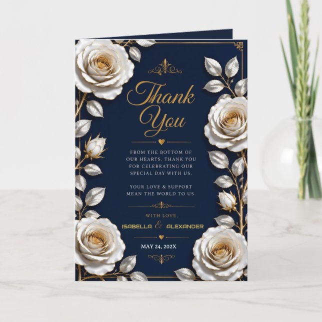 Elegant White and Gold Rose on Navy Blue  Tack Kort (Framsida)