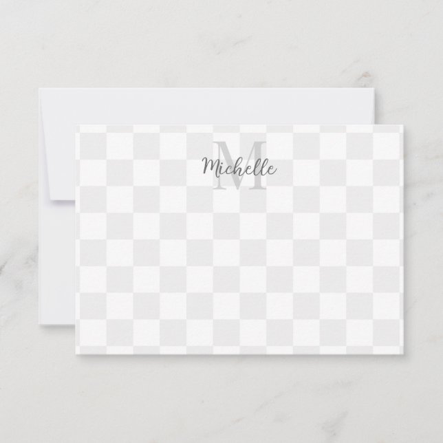 Elegant White and Gray Checkerboard Personalized Anteckningskort (Framsida)