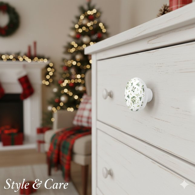 Elegant White and Green Floral Illustrated Ceramic Knopp (Elegant White and Green Floral Illustrated Ceramic Ceramic Knob)