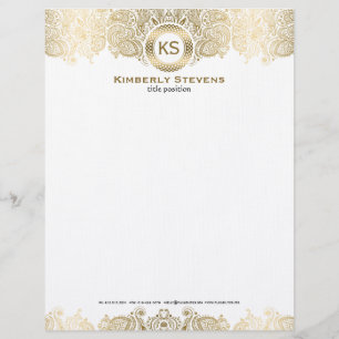 Elegant White and Guld Blommigt Paisley 2 Brevhuvud