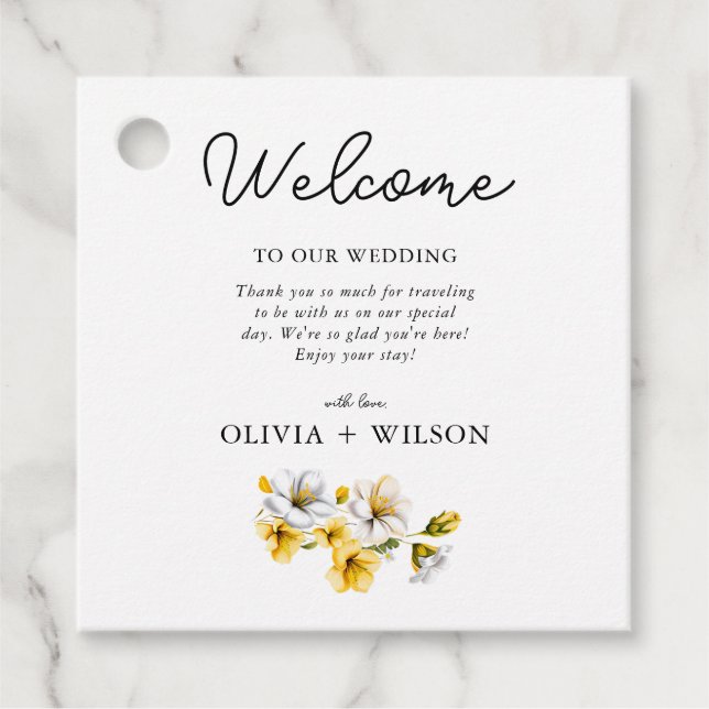 Elegant White and Gult Blommigt Bröllop Välkommen Gåvor Etiketter (Framsida)