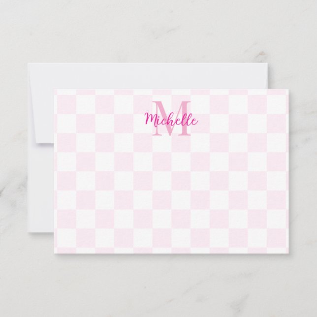 Elegant White and Pink Checkerboard Custom Name Anteckningskort (Framsida)