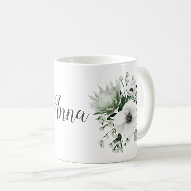Elegant White Anemones Protea Eucalyptus Namn Kaffemugg (Framsida höger)