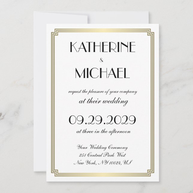 Elegant White Art Deco Wedding Invitations Inbjudningar (Framsida)
