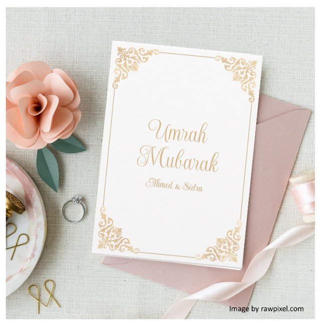 Elegant White Baroque Umrah Mubarak Hälsning Kort (Skapare uppladdad)