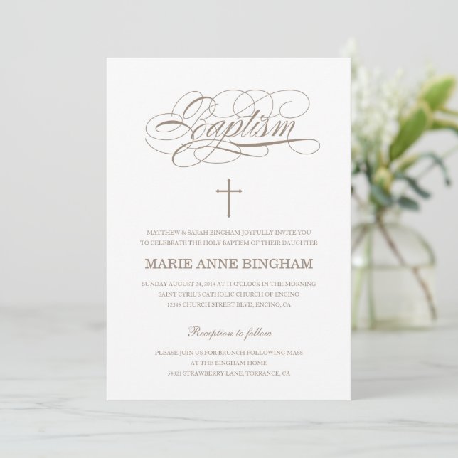 Elegant White Beige Calligraphy Baptism Inbjudningar (Stående Fram)