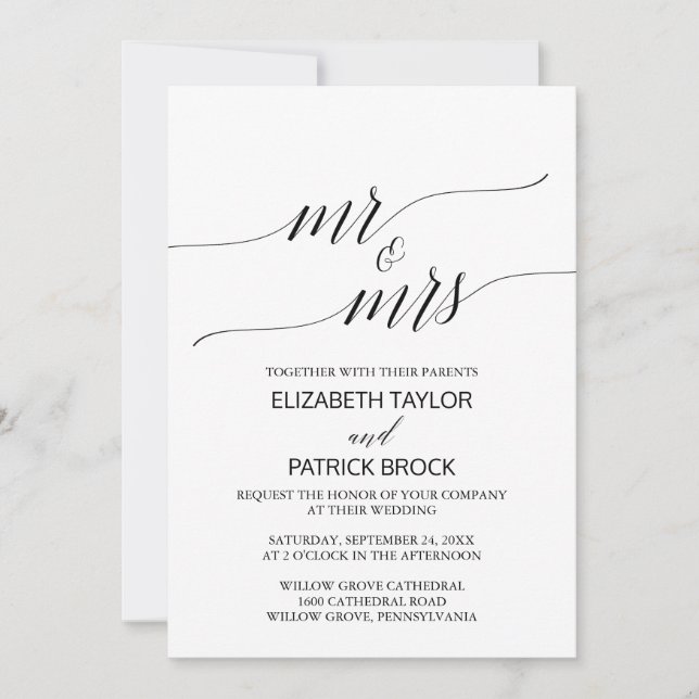 Elegant White Black Calligraphy "Mr & Mrs" Bröllop Inbjudningar (Framsida)