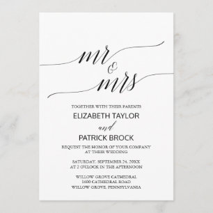 Elegant White Black Calligraphy "Mr & Mrs" Bröllop Inbjudningar