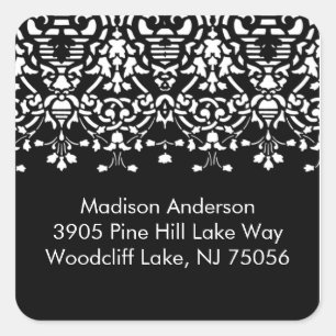 Elegant White & Black Damask Adress Square Sticke Fyrkantigt Klistermärke