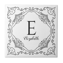Elegant White Black Decorative Namn Monogram Kakelplatta