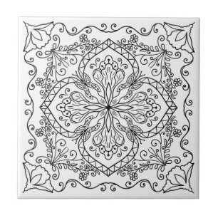 Elegant White Black Flowers Butterfly Decorative Kakelplatta