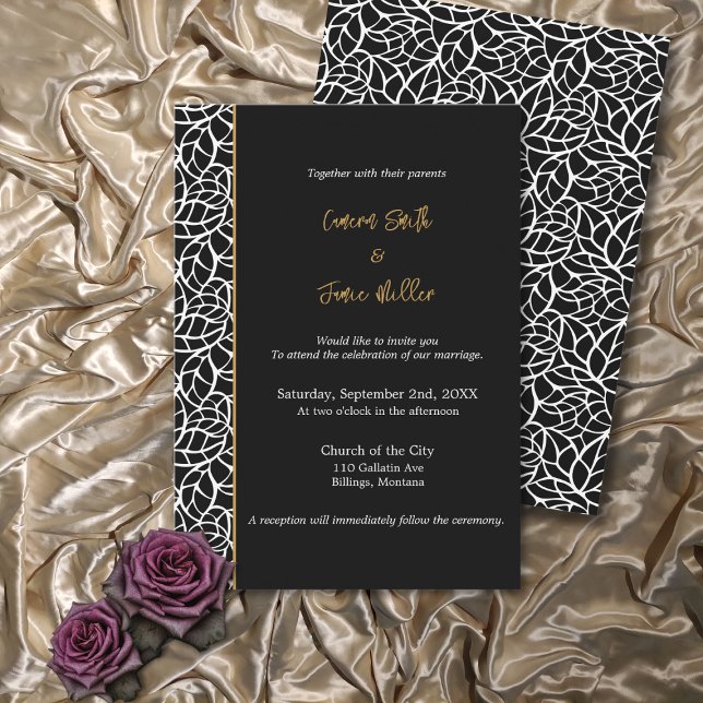 Elegant White & Black Löv Gräns Bröllop Inbjudningar (Elegant White & Black Leaves Border Wedding Invitation)