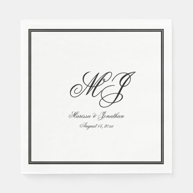 Elegant White Black Monogram Bröllop Pappersservett (Framsidan)