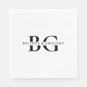 Elegant White Black Monogram Initialer Bröllop Pappersservett