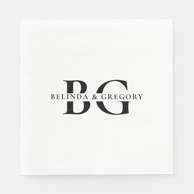 Elegant White Black Monogram Initialer Bröllop Pappersservett (Framsidan)