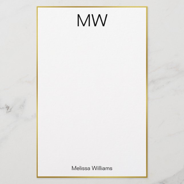 Elegant White Black och Guld Gräns Namn Monogram Brevpapper (Framsida)