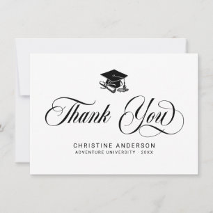 Elegant White Black Script Grad Cap Studenten Tack Kort