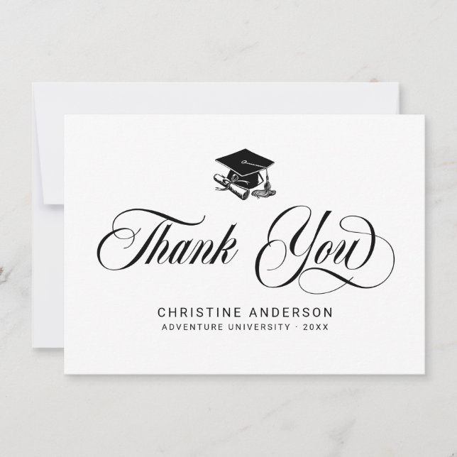 Elegant White Black Script Grad Cap Studenten Tack Kort (Framsida)