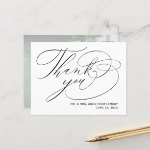 Elegant White Black Script Photo Bröllop Tack Vykort