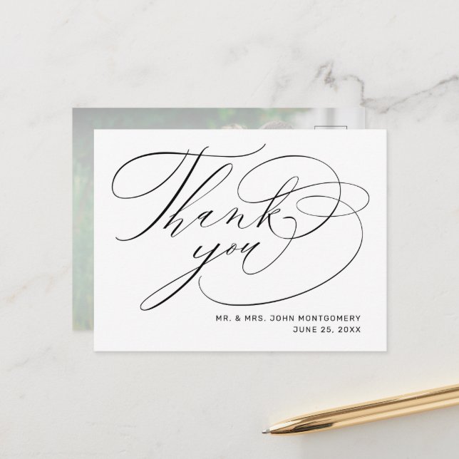 Elegant White Black Script Photo Bröllop Tack Vykort (Fram/Back In Situ)