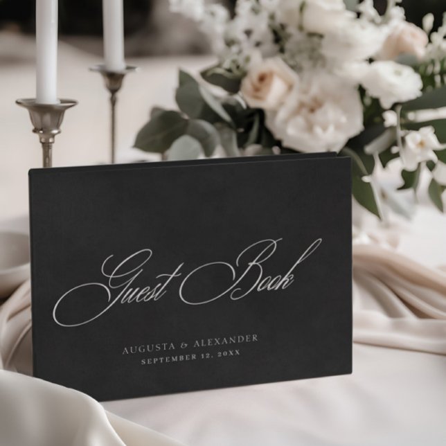 Elegant White & Black Velvet Imitation Bröllop Gästböcker (Elegant White & Black Velvet Texture Wedding Guest Book)