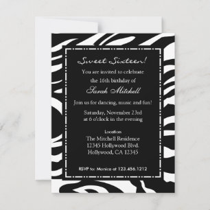 Elegant White & Black Zebra Sweet sixteen Birthday Inbjudningar