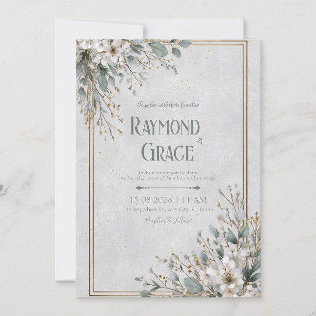 Elegant White Blommar och Guld Ram Bröllop Inbjudningar (Framsida)