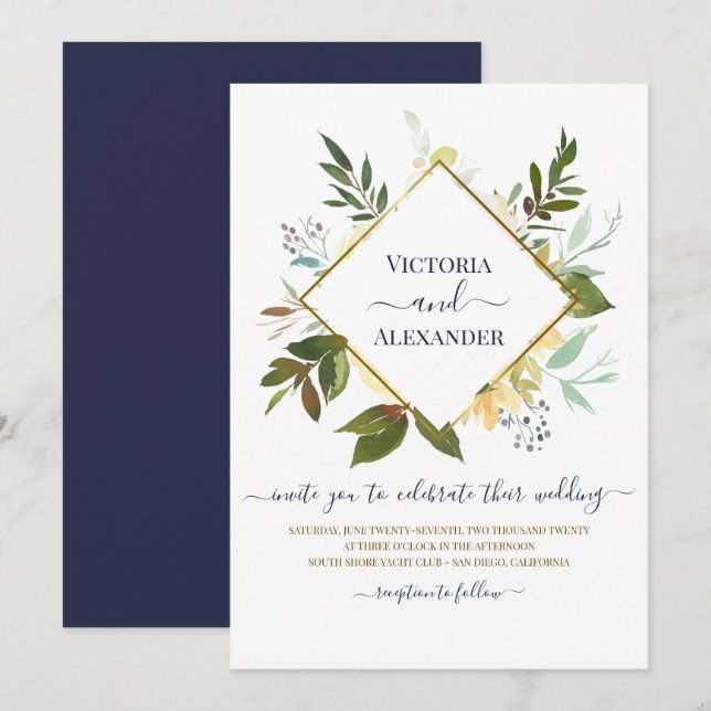 Elegant White Blommigt Blue Gold Foil Ram Bröllop Inbjudningar (Fram/baksida)