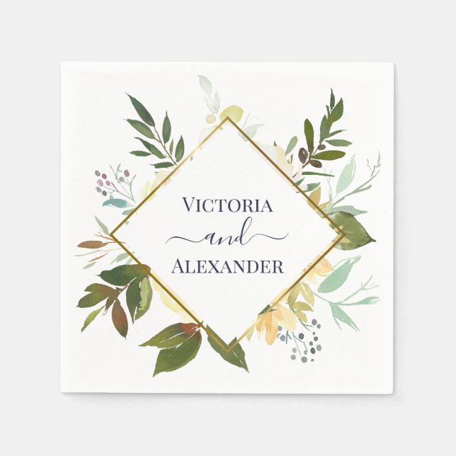 Elegant White Blommigt Blue Gold Foil Ram Bröllop Pappersservett (Framsidan)