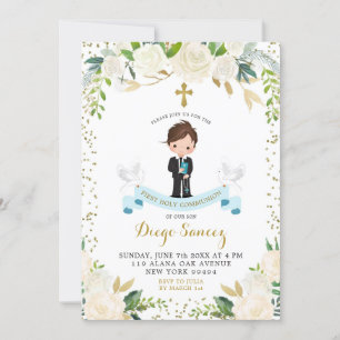 Elegant White Blommigt Boy First Heliga Communion Inbjudningar