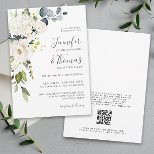 Elegant White Blommigt Bröllop med QR-kod Inbjudningar