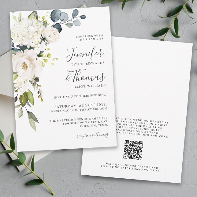 Elegant White Blommigt Bröllop med QR-kod Inbjudningar (Skapare uppladdad)