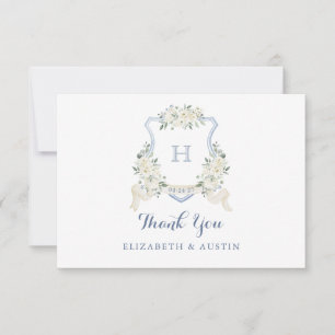Elegant White Blommigt Dusty Blue Bröllop Vapenskö Tack Kort