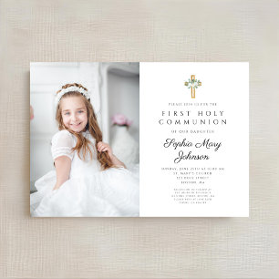 Elegant White Blommigt Girl First Communion Photo Inbjudningar