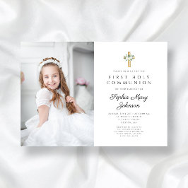Elegant White Blommigt Girl First Communion Photo Inbjudningar