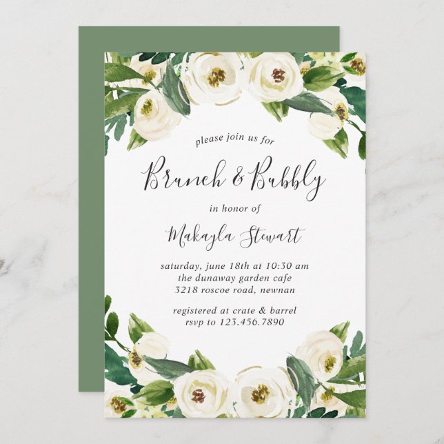 Elegant White Blommigt Greenery Brunch och Bubly Inbjudningar (Fram/baksida)