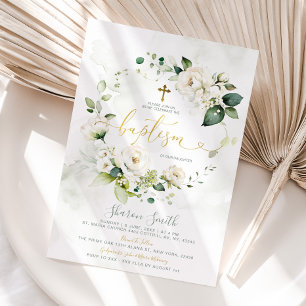 Elegant White Blommigt Greenery Christening Baptis Inbjudningar