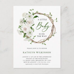 Elegant White Blommigt Greenery Simple Baby Shower Inbjudan Vykort
